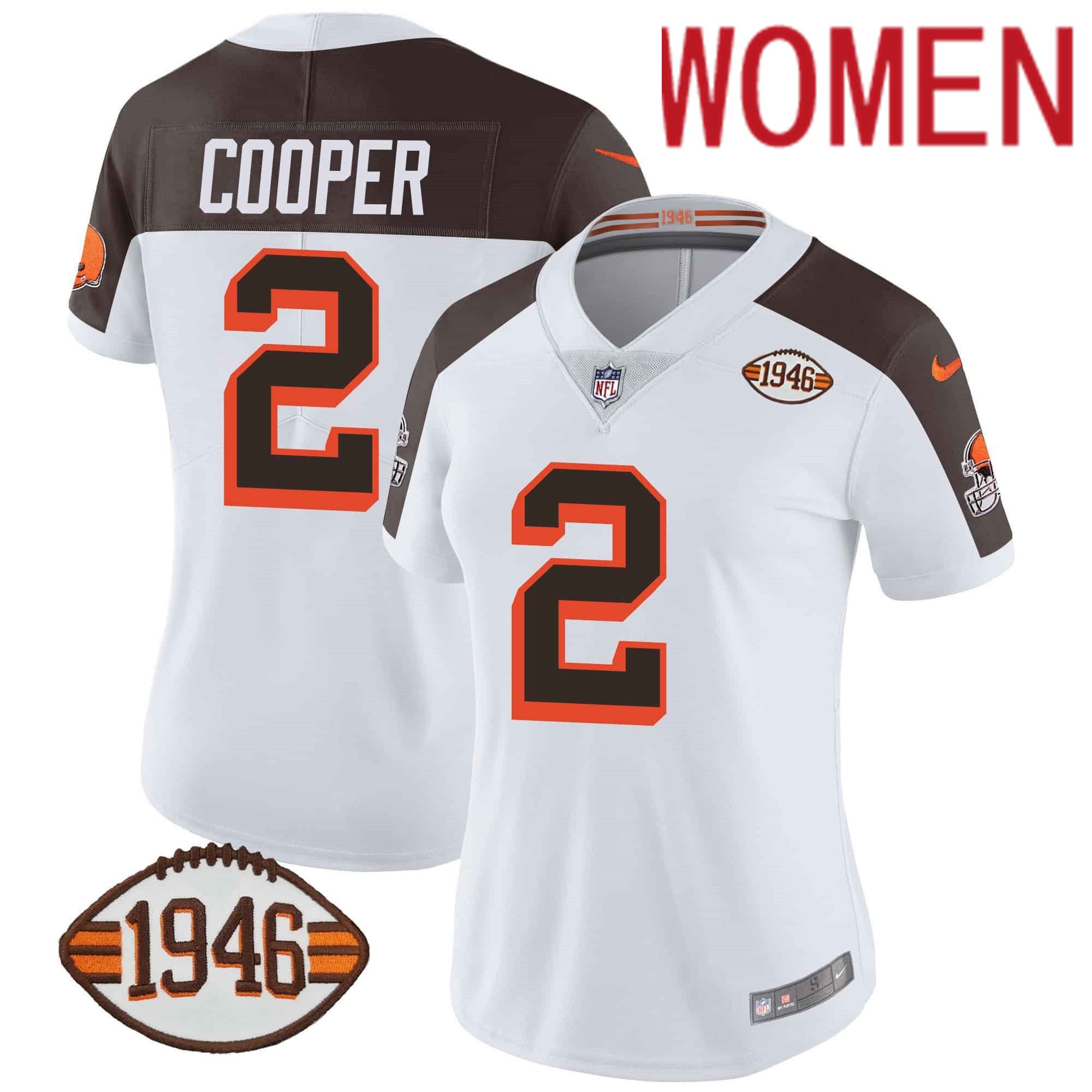 Women Cleveland Browns 2 Cooper White 1946 75th Anniversary Patch 2024 Nike NFL Jersey style 1